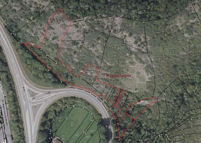 Lageskizze - 14 überwiegend zusammenhängende Wald- und Unlandflächen nahe der B 42 **vertragslos genutzt**