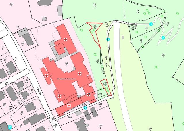 Lageskizze - Vertragslos genutzte Waldflächen nahe der B 42 und des St. Elisabeth Krankenhauses