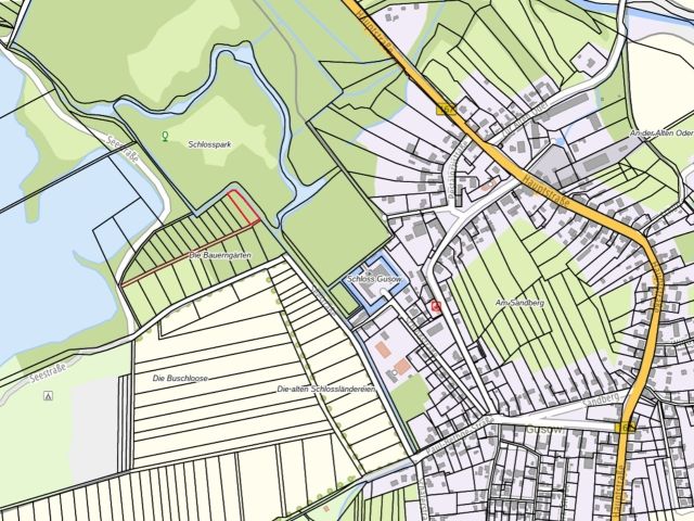 Lageskizze mit Umgebung - Flurstück 485 und Wegeflurstück - Vertragsfreie Waldfläche nahe dem Baggersee & dem Schloss Gusow