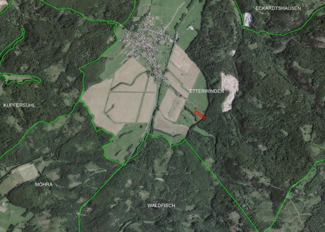 Lageskizze mit Umgebung und Luftbildunterlegung - 2/8 Miteigentumsanteil an einer Grünfläche **im Naturpark Thüringer Wald**