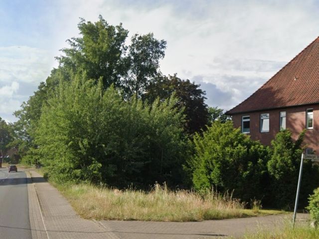 Blick auf Verkaufsfläche und Umgebung - Straßenbegleitende Gehölzfläche neben Wohngrundstücken ca. 40 km südöstlich von der Hamburger Innenstadt entfernt