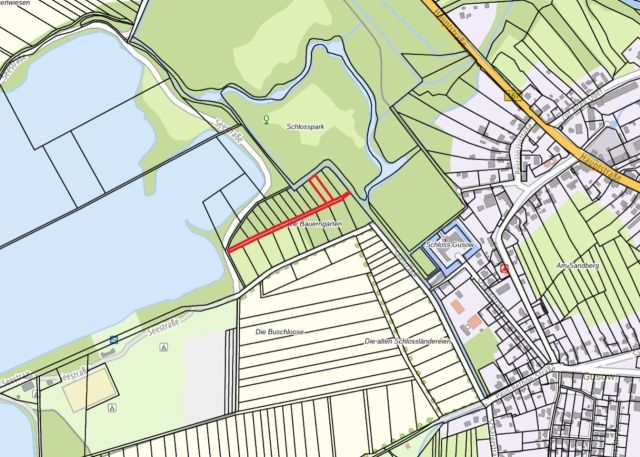 Umgebungsskizze - Flurstück 483 und Wegeflurstück - Vertragsfreie Waldfläche nahe dem Baggersee & dem Schloss Gusow
