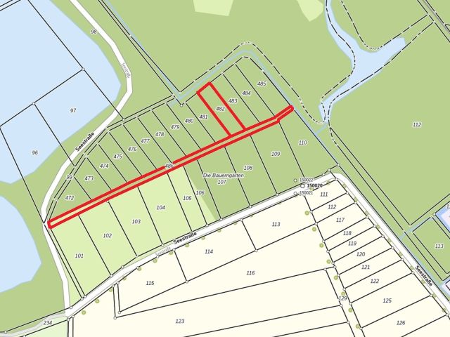 Lageskizze mit Umgebung - Flurstück 482 und Wegeflurstück - Vertragsfreie Waldfläche nahe dem Baggersee & dem Schloss Gusow