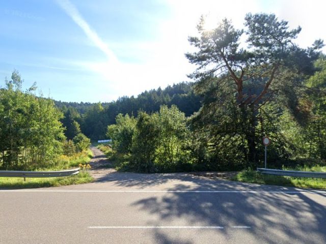 Blick auf den von der B270 nach rechts abzweigenden Wirtschaftsweg - Drei landwirtschaftliche Splitterflächen an der B270 in der Südwestpfalz